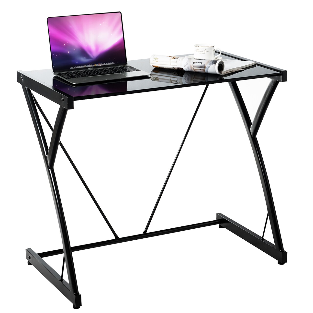 Costway Glass Top Computer Desk Laptop Writing Study Workstation Z-Shaped Metal Frame